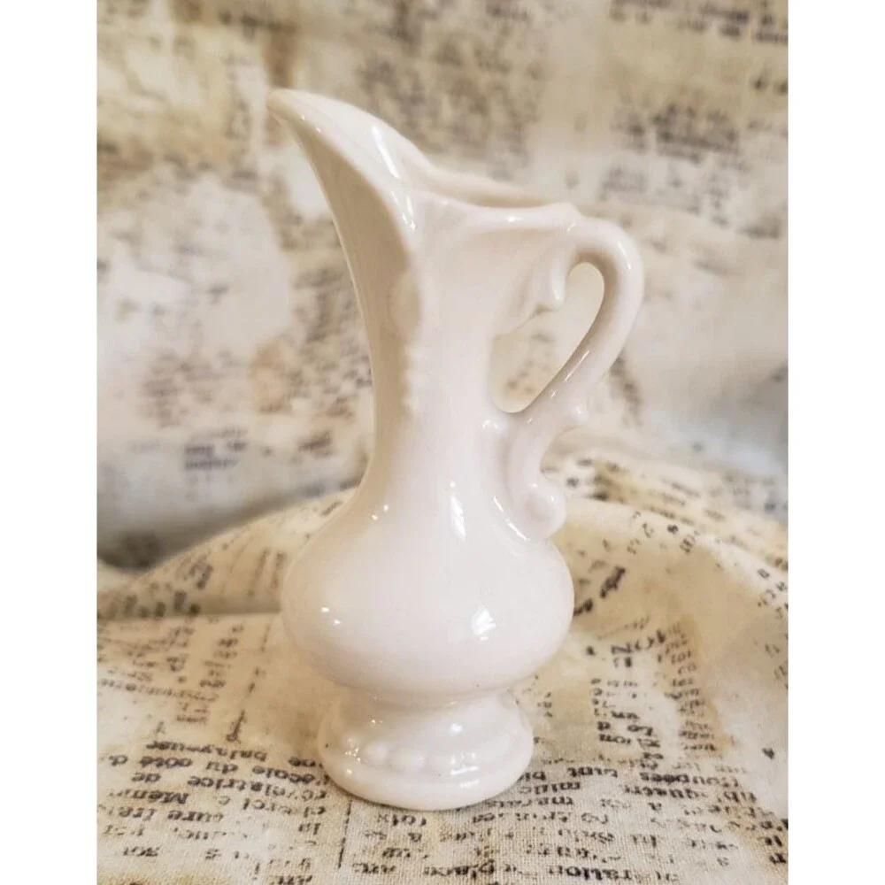 Artsy, Cottagecore, - Vintage Miniature White Water Pitcher w/ Delicate Patterns